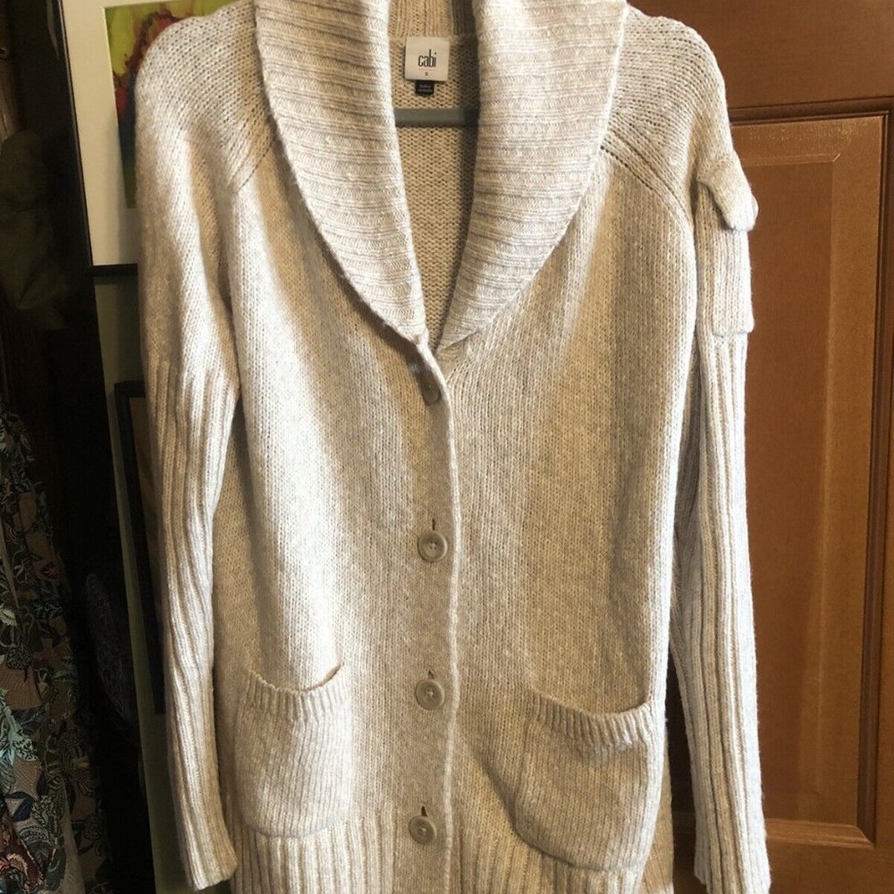 CAbi Steady Button-Up Shawl Collar Long Cardigan Pockets Wheat Tan Beige Small S
